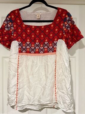 Sundance Red & White Embroidered Peasant Blouse